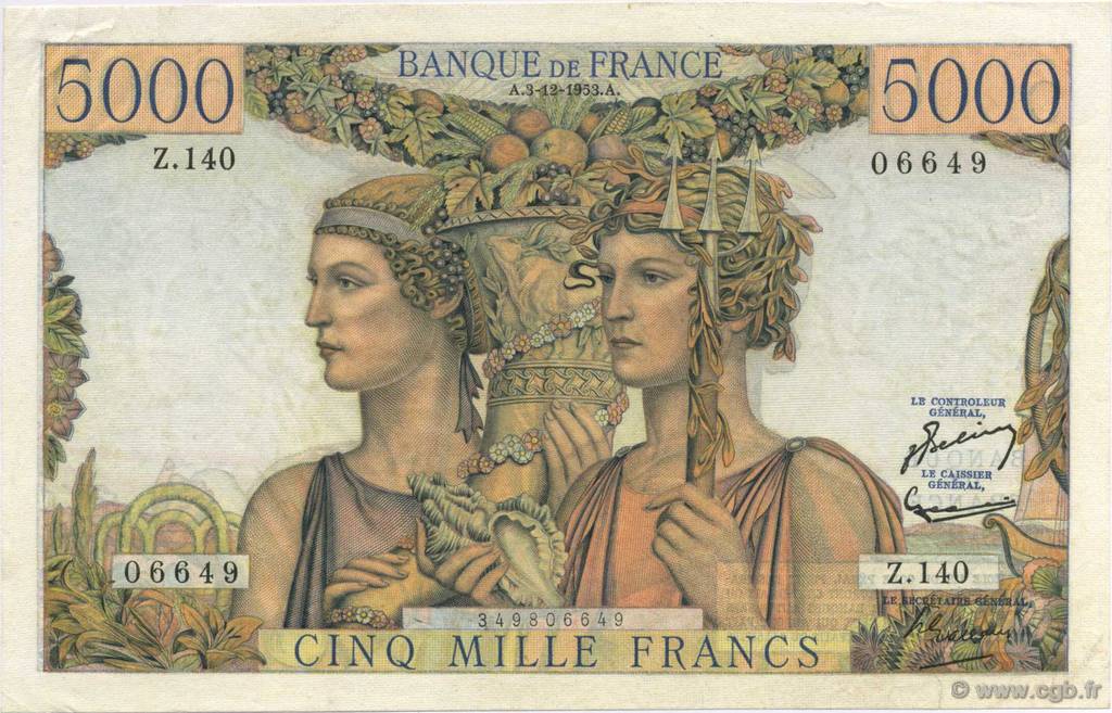 5000 Francs TERRE ET MER FRANCE  1953 F.48.10 SUP+