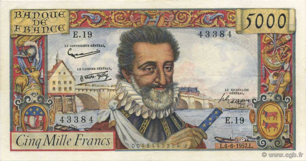 5000 Francs HENRI IV FRANCE  1957 F.49.02 SUP+