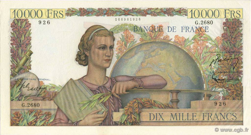 10000 Francs GÉNIE FRANÇAIS FRANCE  1952 F.50.57 pr.SPL