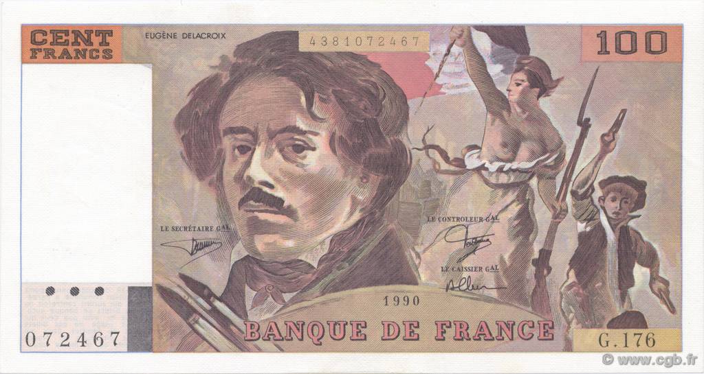 100 Francs DELACROIX imprimé en continu FRANCE  1990 F.69bis.02c SPL+