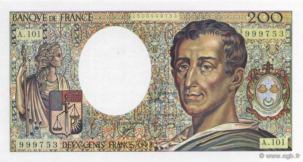 200 Francs MONTESQUIEU alphabet 101 FRANCE  1992 F.70bis.01 NEUF
