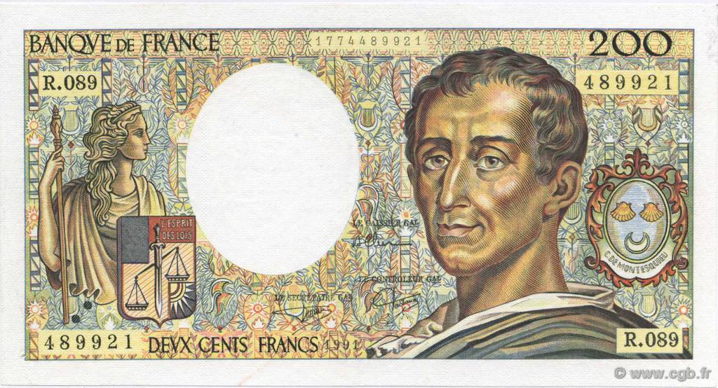 200 Francs MONTESQUIEU UNIFACE FRANCE  1991 F.70U.11 SPL