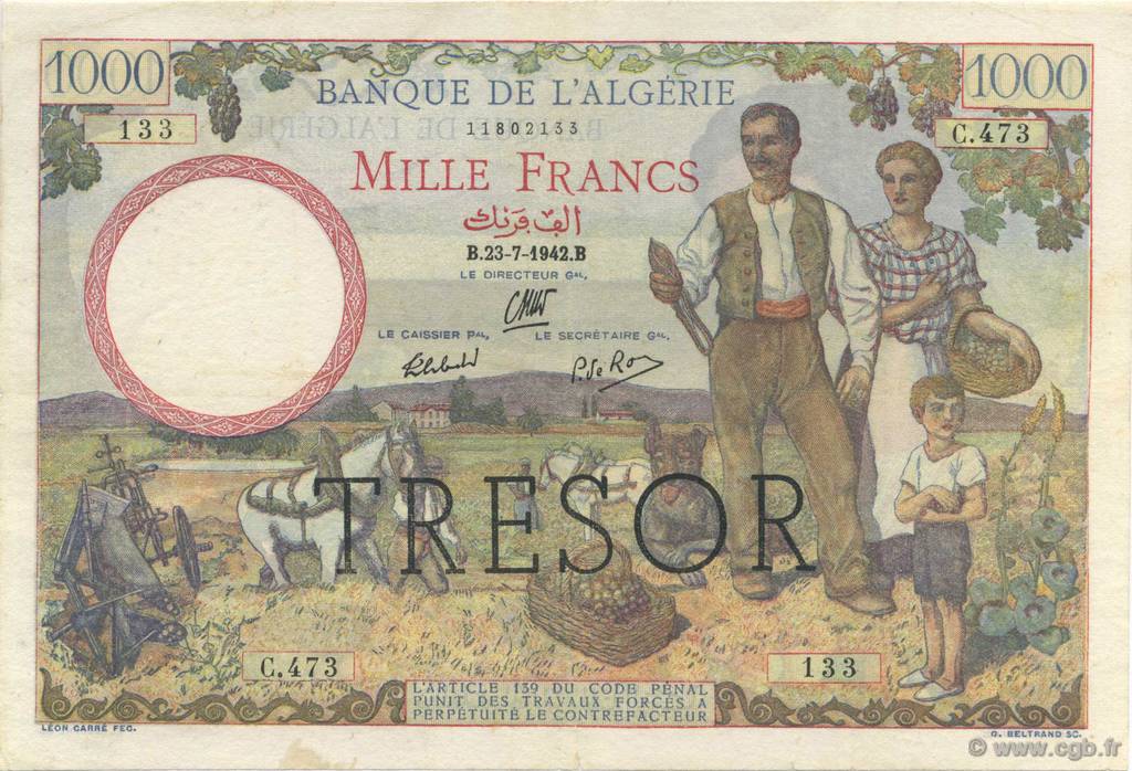 1000 Francs ALGÉRIE SURCHARGÉ FRANCE  1943 VF.10.01 TTB