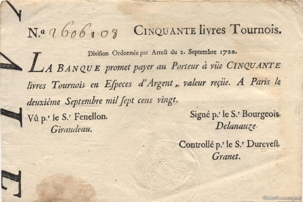 50 Livres Tournois typographié FRANCE  1720 Laf.096 TTB+