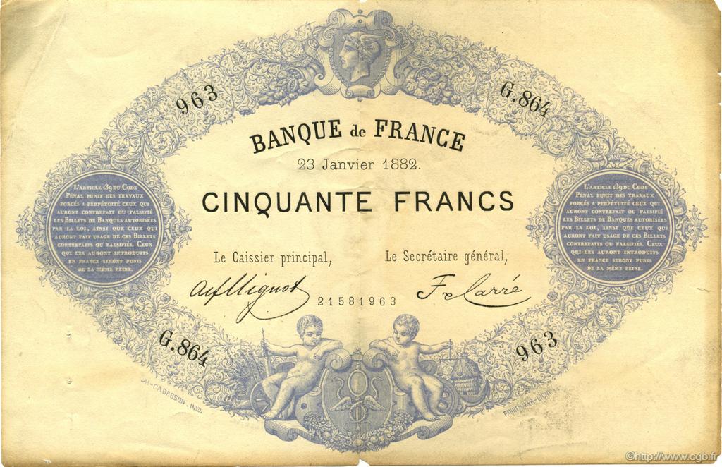 50 Francs 1868 indices noirs FRANCE  1882 F.A38.12 TTB