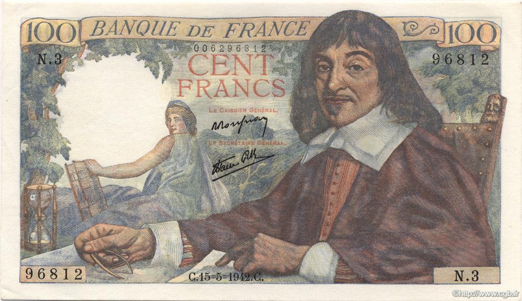 100 Francs DESCARTES FRANCE  1942 F.27.01 pr.NEUF