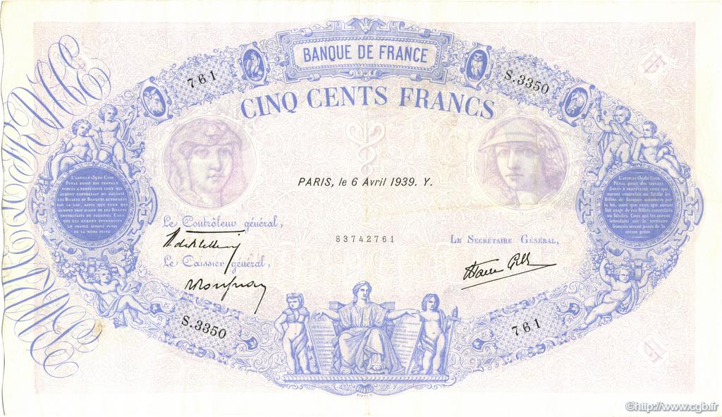 500 Francs BLEU ET ROSE modifié FRANCE  1939 F.31.30 TTB+