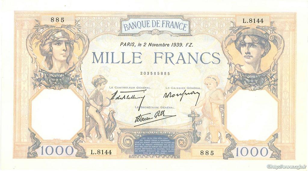 1000 Francs CÉRÈS ET MERCURE type modifié FRANCE  1939 F.38.38 SPL