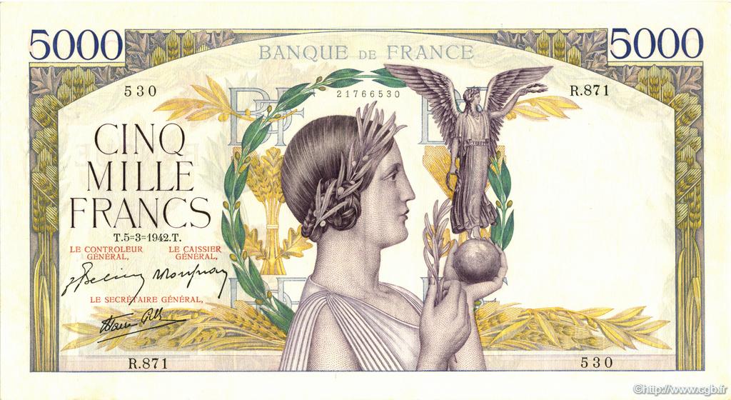 5000 Francs VICTOIRE Impression à plat FRANCE  1942 F.46.34 pr.SUP