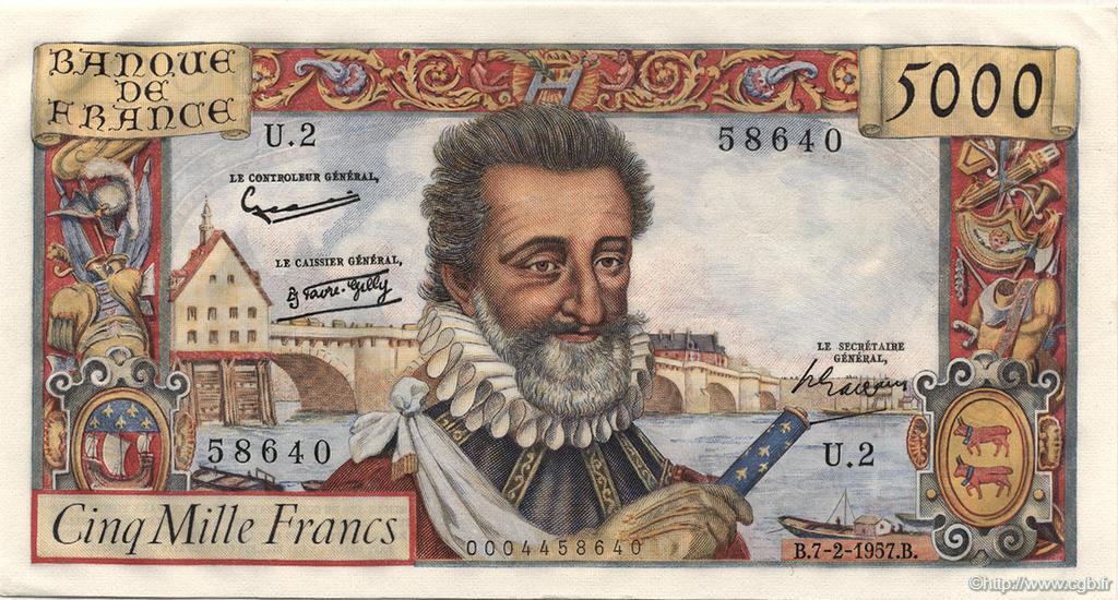 5000 Francs HENRI IV FRANCE  1957 F.49.01 SPL