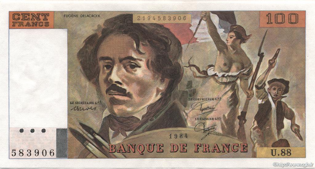 100 Francs DELACROIX modifié FRANCE  1984 F.69.08b SPL+