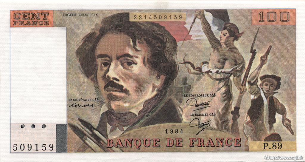 100 Francs DELACROIX modifié FRANCE  1984 F.69.08b SPL+