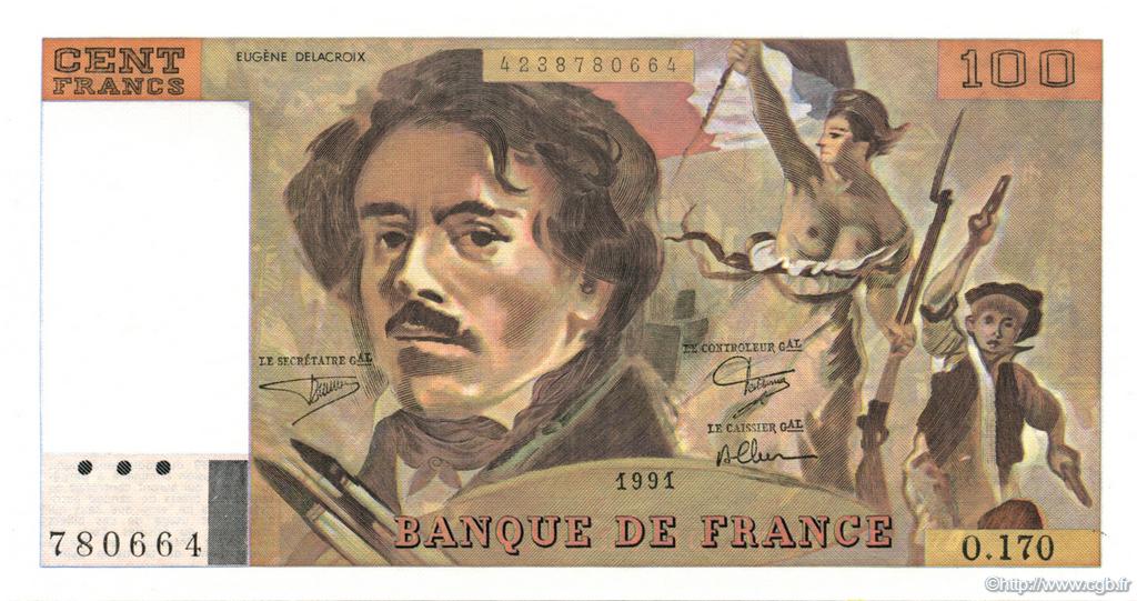 100 Francs DELACROIX imprimé en continu FRANCE  1991 F.69bis.03a1 NEUF