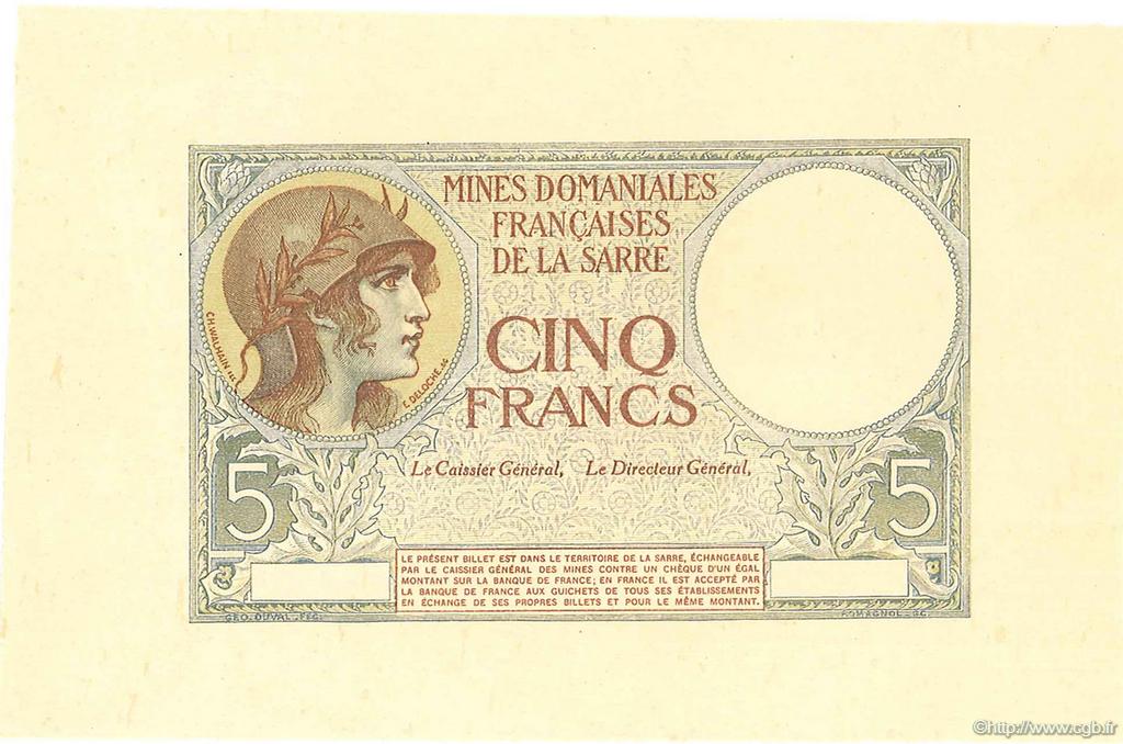 5 Francs MINES DOMANIALES DE LA SARRE Épreuve FRANCE  1920 VF.52.00Ed NEUF