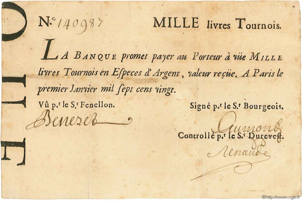 1000 Livres Tournois typographié FRANCE  1720 Laf.091x TTB