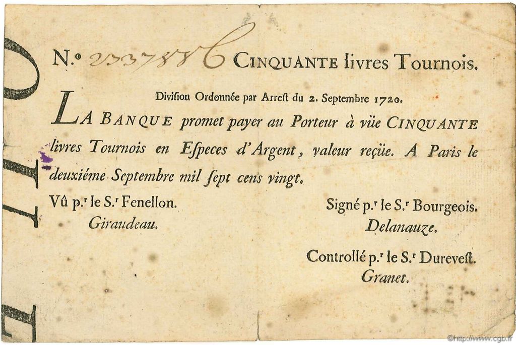50 Livres Tournois typographié FRANCE  1720 Laf.096 TB à TTB