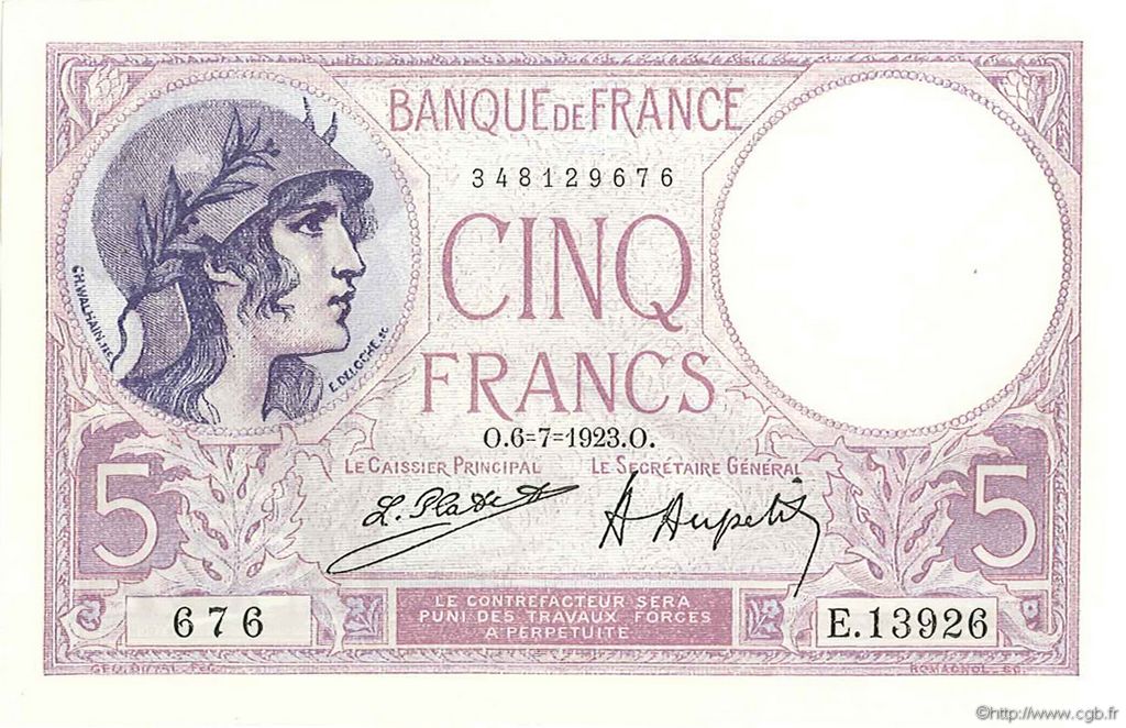 5 Francs FEMME CASQUÉE FRANCE  1923 F.03.07 SUP à SPL