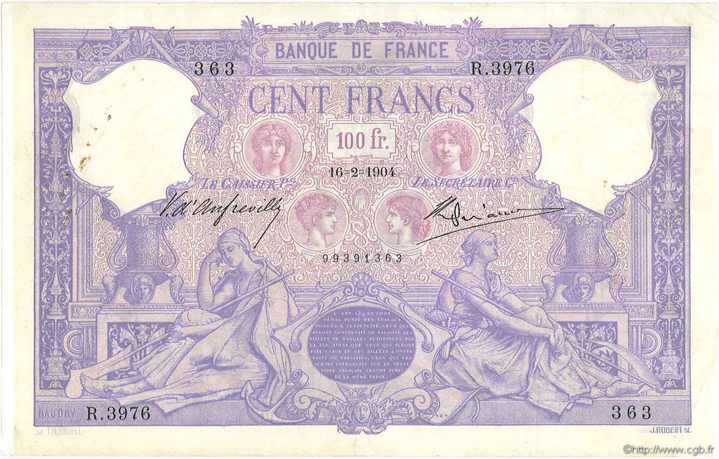 100 Francs BLEU ET ROSE FRANCE  1904 F.21.18 TB+
