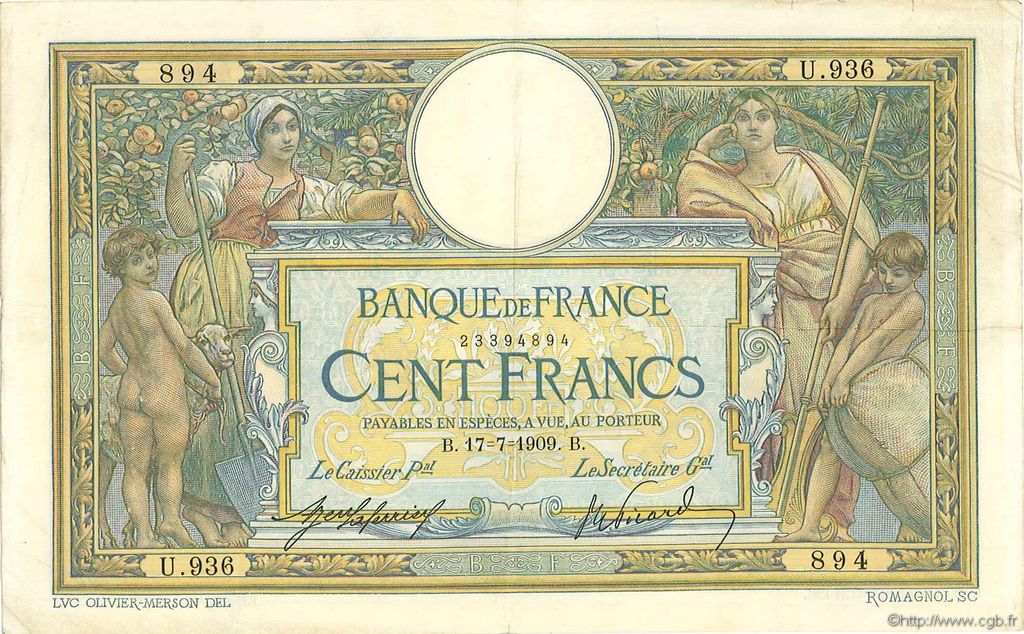 100 Francs LUC OLIVIER MERSON sans LOM FRANCE  1909 F.23.01 TB à TTB