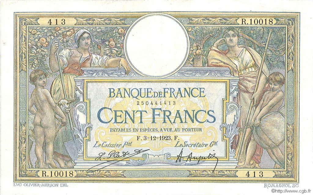100 Francs LUC OLIVIER MERSON grands cartouches FRANCE  1923 F.24.01 TB+