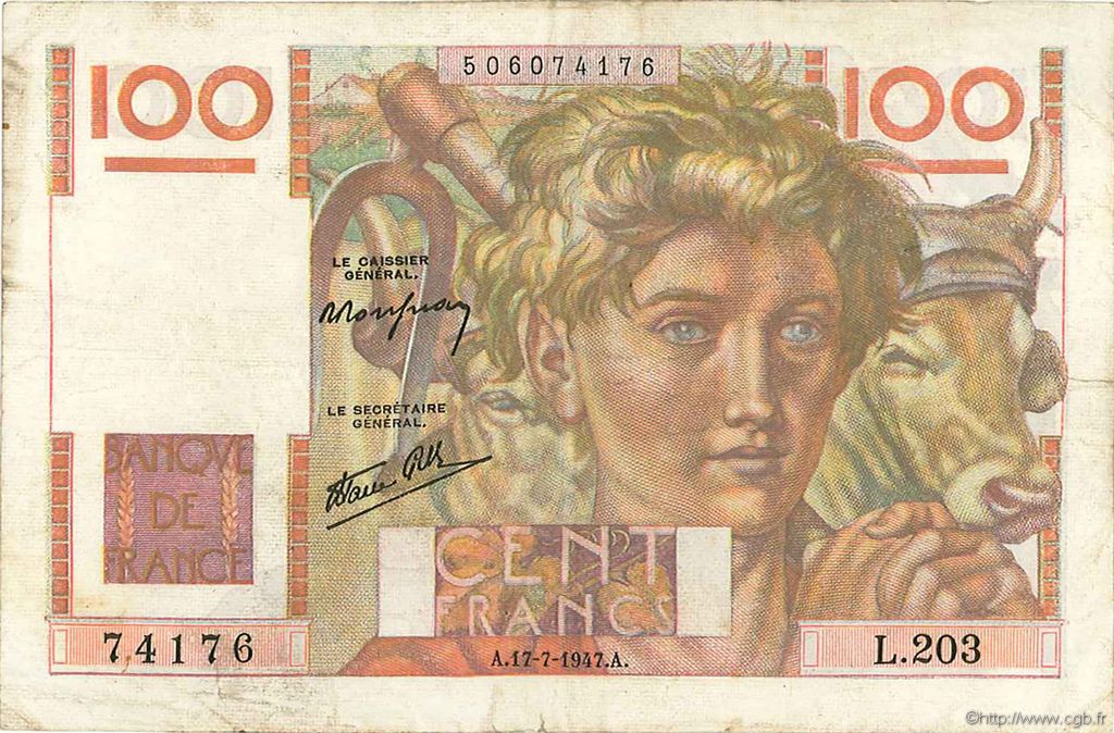 100 Francs JEUNE PAYSAN Favre-Gilly FRANCIA  1947 F.28ter.01 q.BB
