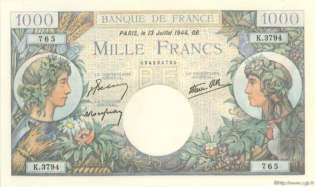 1000 Francs COMMERCE ET INDUSTRIE FRANCE  1944 F.39.11 NEUF