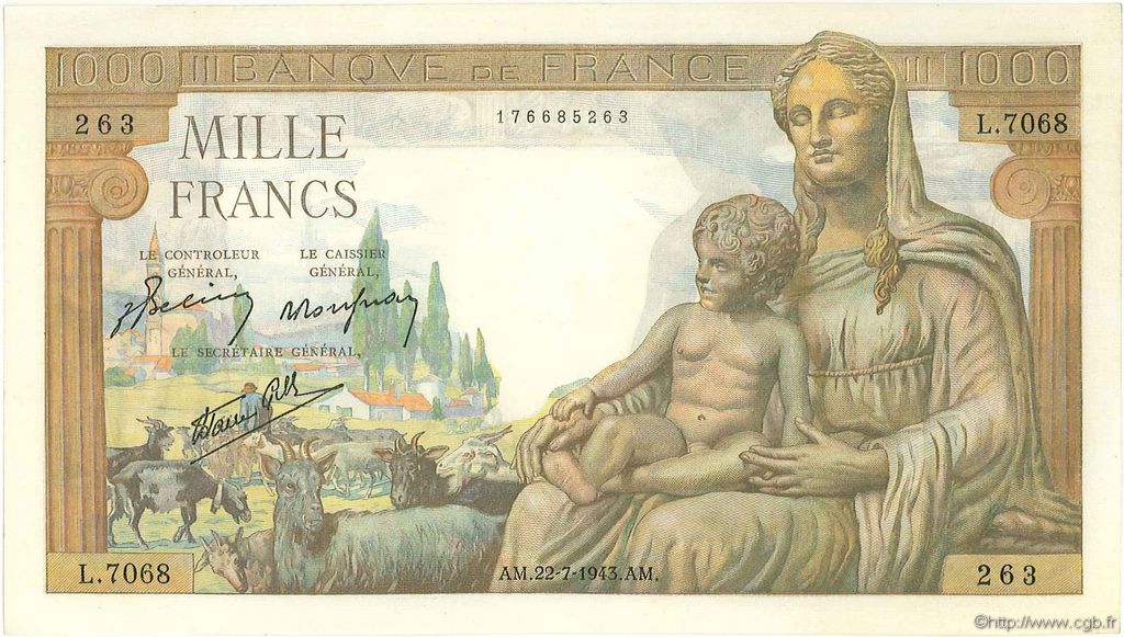 1000 Francs DÉESSE DÉMÉTER FRANCE  1943 F.40.31 SUP