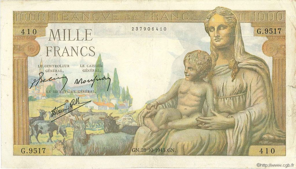 1000 Francs DÉESSE DÉMÉTER FRANCE  1943 F.40.38 TB