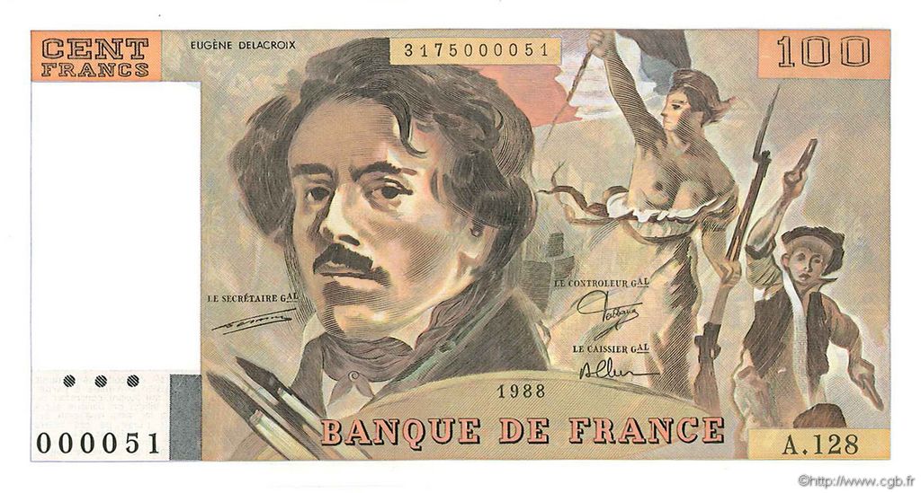 100 Francs DELACROIX modifié FRANCE  1988 F.69.12A128 NEUF