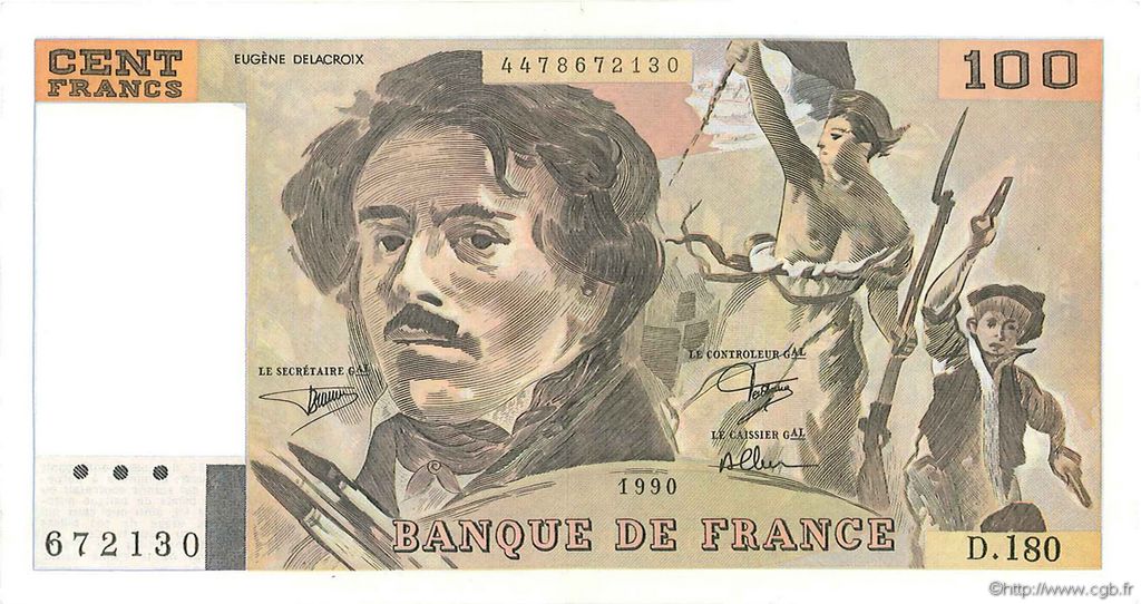 100 Francs DELACROIX imprimé en continu FRANCE  1990 F.69bis.02d SUP à SPL