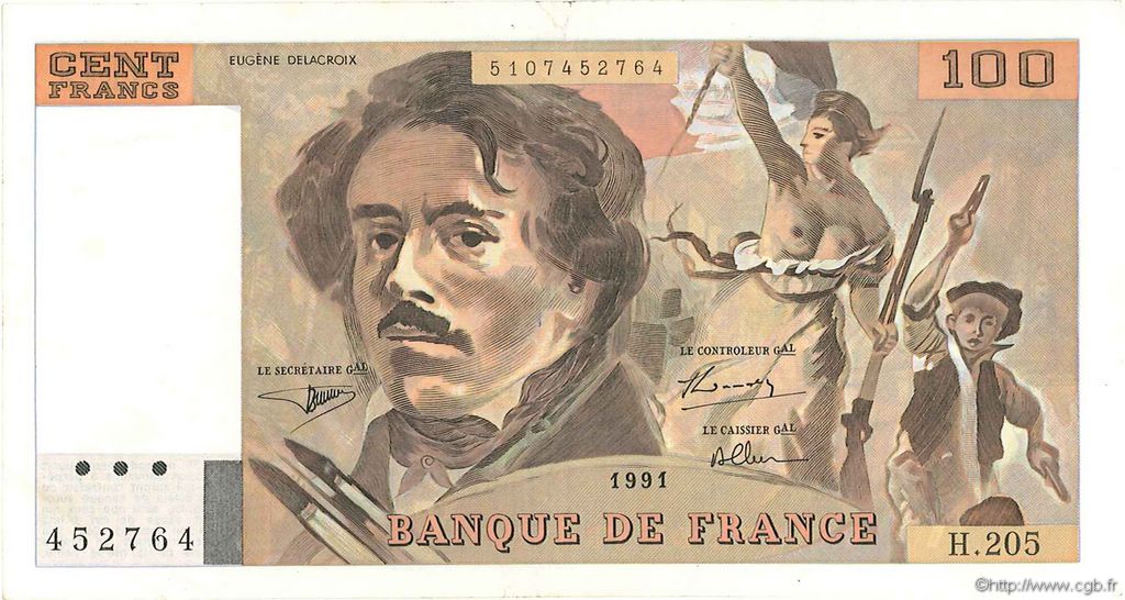 100 Francs DELACROIX imprimé en continu FRANCE  1991 F.69bis.04c TTB+