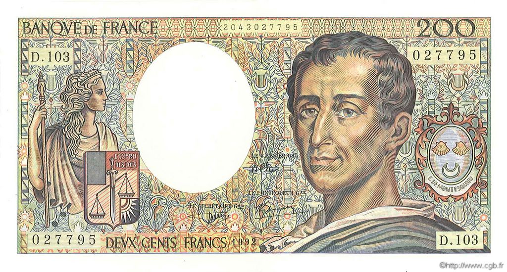 200 Francs MONTESQUIEU FRANCE  1992 F.70.12a SUP+