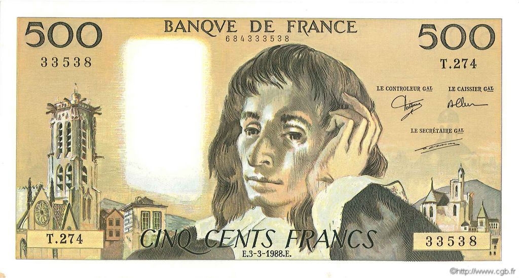 500 Francs PASCAL FRANCE  1988 F.71.38 pr.NEUF