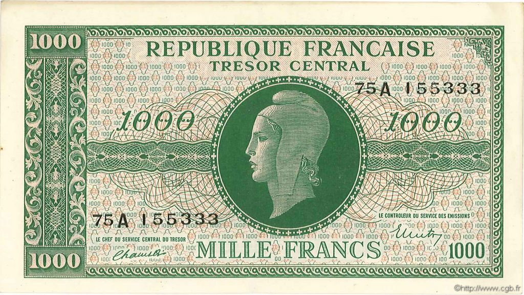 1000 Francs Marianne chiffres gras FRANCE  1945 VF.12.01 SUP+