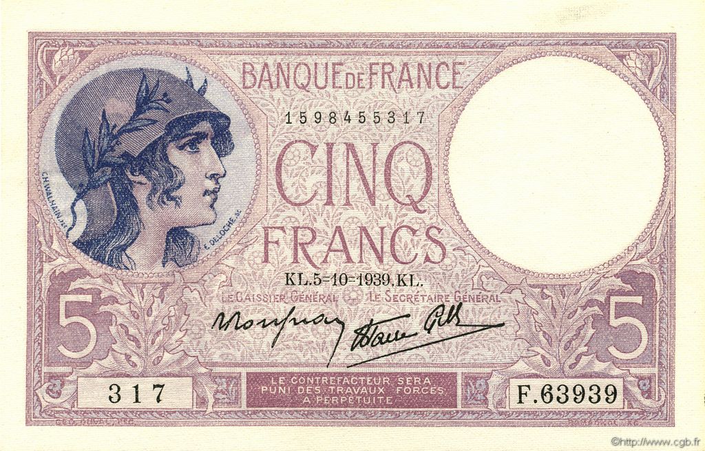 5 Francs FEMME CASQUÉE modifié FRANCE  1939 F.04.11 NEUF