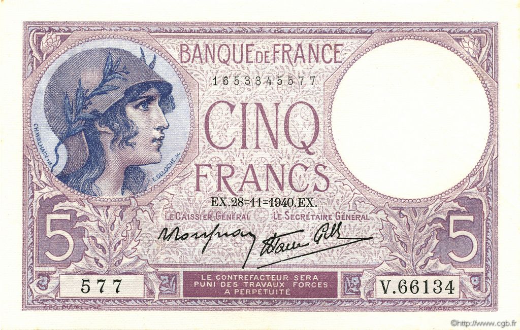5 Francs FEMME CASQUÉE modifié FRANCE  1940 F.04.15 SPL+