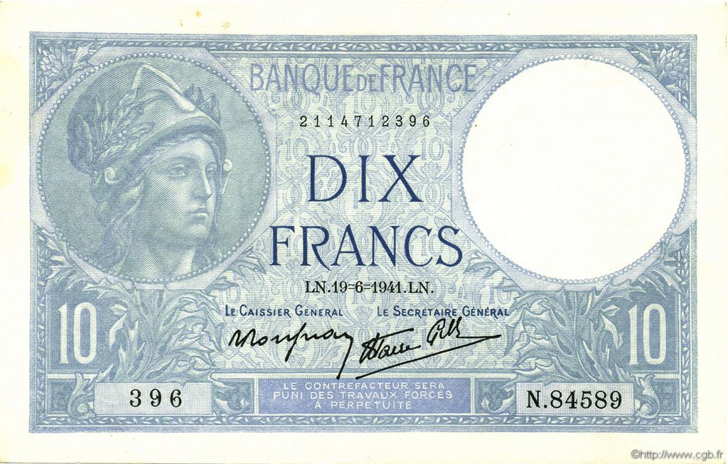 10 Francs MINERVE modifié FRANCE  1941 F.07.29 SUP+