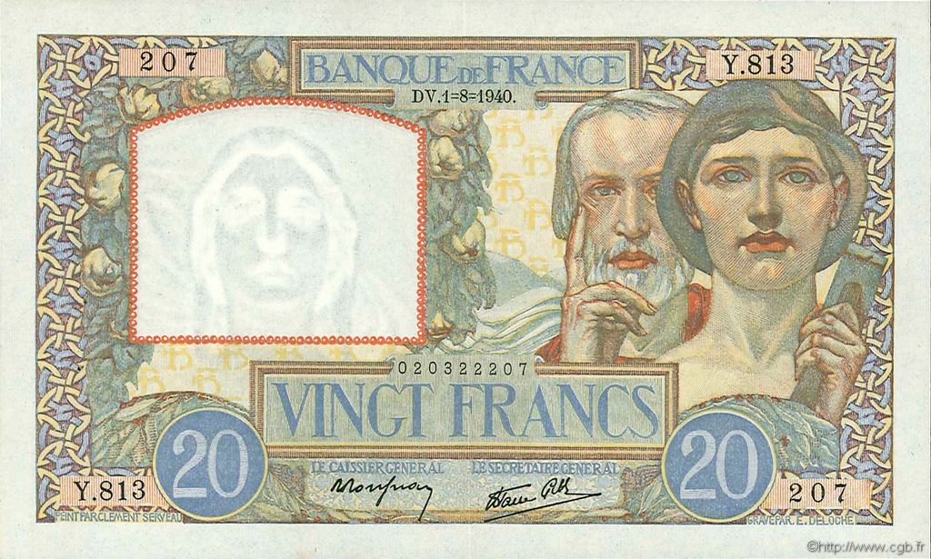 20 Francs TRAVAIL ET SCIENCE FRANCE  1940 F.12.05 SUP+