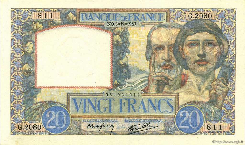 20 Francs TRAVAIL ET SCIENCE FRANCE  1940 F.12.10 UNC-
