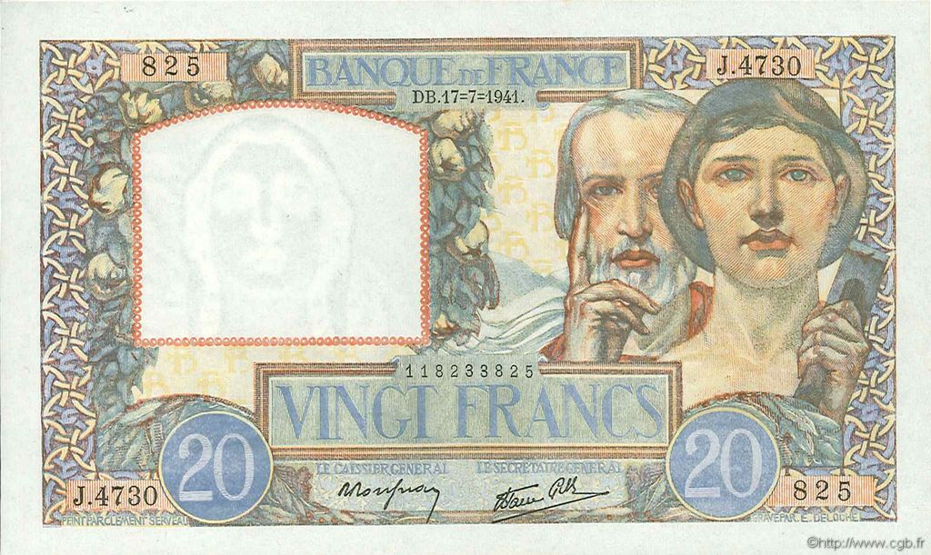 20 Francs TRAVAIL ET SCIENCE FRANCE  1941 F.12.16 NEUF