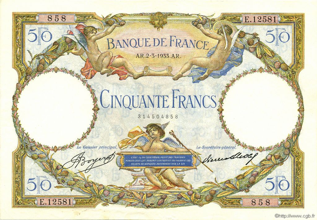 50 Francs LUC OLIVIER MERSON type modifié FRANCE  1933 F.16.04 pr.SPL