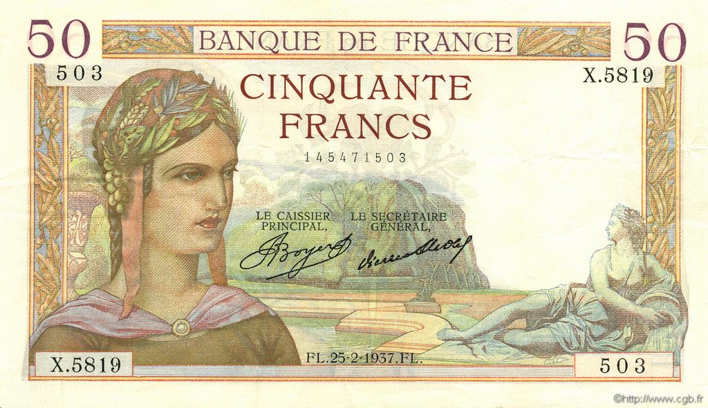 50 Francs CÉRÈS FRANCE  1937 F.17.35 SUP