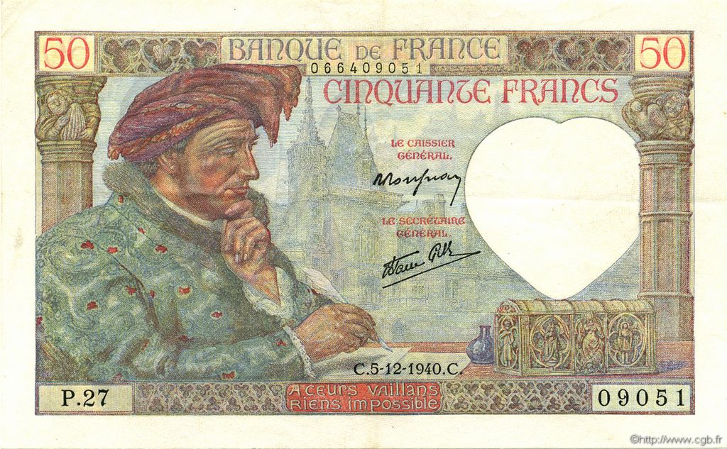 50 Francs JACQUES CŒUR FRANCE  1940 F.19.04 SUP+