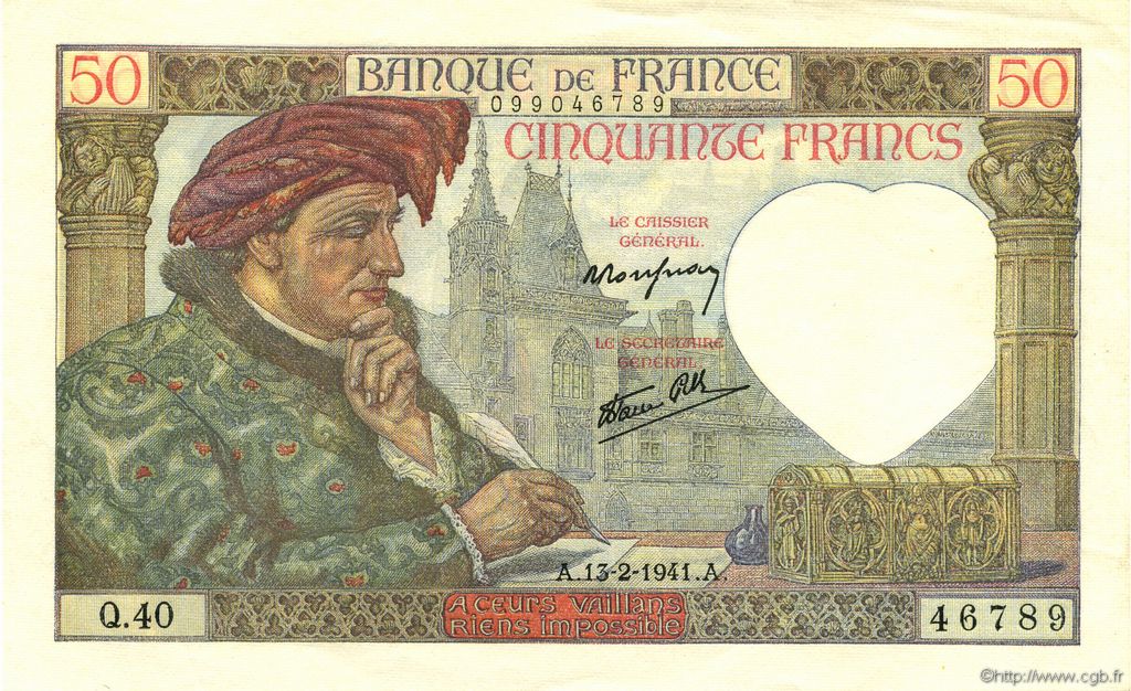 50 Francs JACQUES CŒUR FRANCE  1941 F.19.06 pr.NEUF