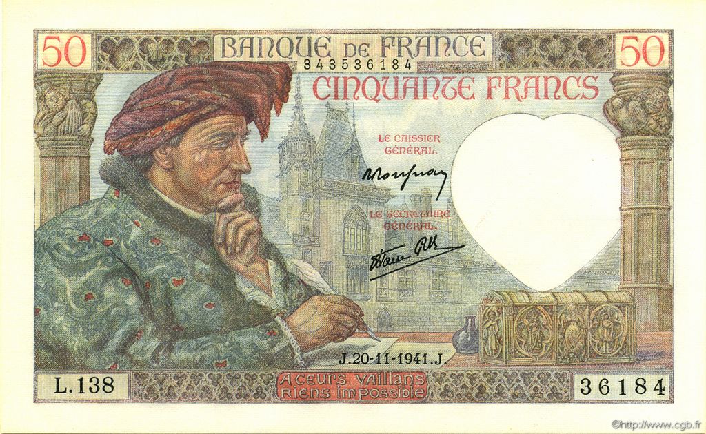 50 Francs JACQUES CŒUR FRANCE  1941 F.19.16 NEUF