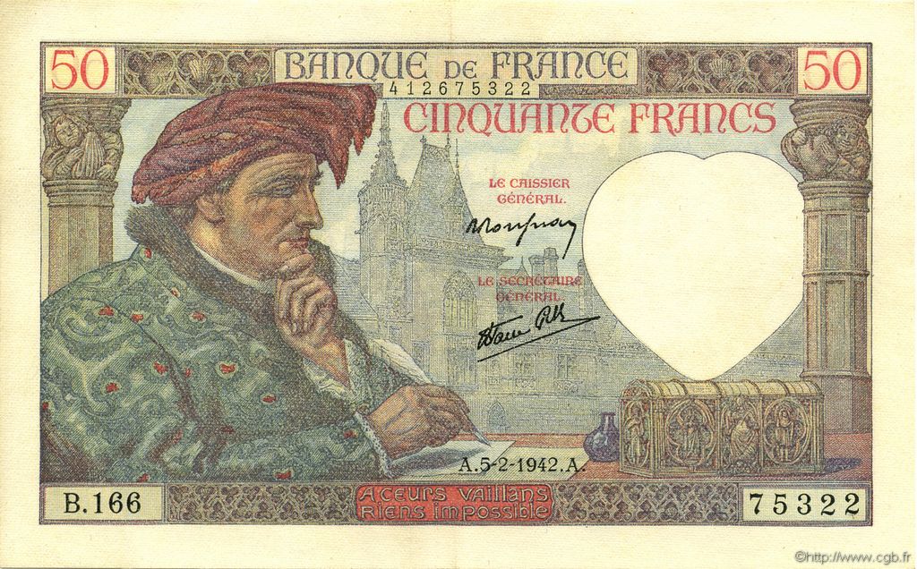 50 Francs JACQUES CŒUR FRANCE  1942 F.19.19 SUP à SPL