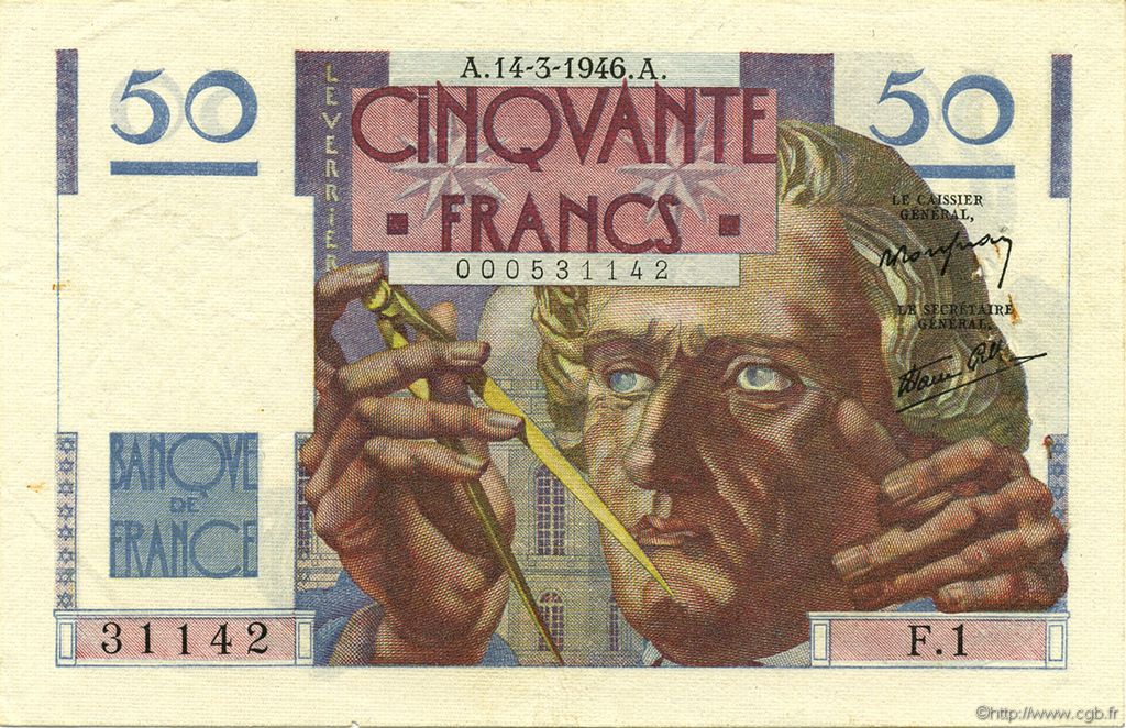 50 Francs LE VERRIER FRANCE  1946 F.20.01 TTB à SUP