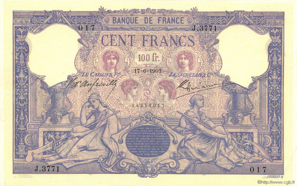 100 Francs BLEU ET ROSE FRANCE  1903 F.21.17 SUP