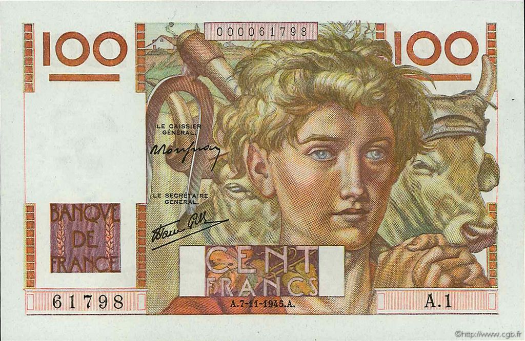 100 Francs JEUNE PAYSAN FRANCE  1945 F.28.01A1 NEUF