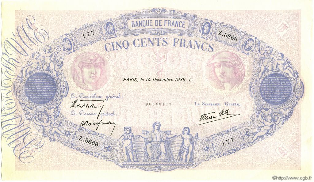 500 Francs BLEU ET ROSE modifié FRANCE  1939 F.31.52 SPL